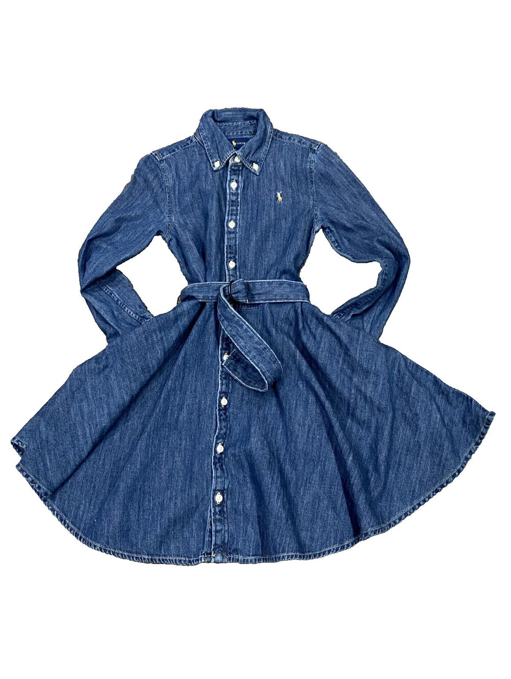 Ralph Lauren Girls Denim Dress Blue Jean Shirt Belted Long Sleeve Size 6 Preppy